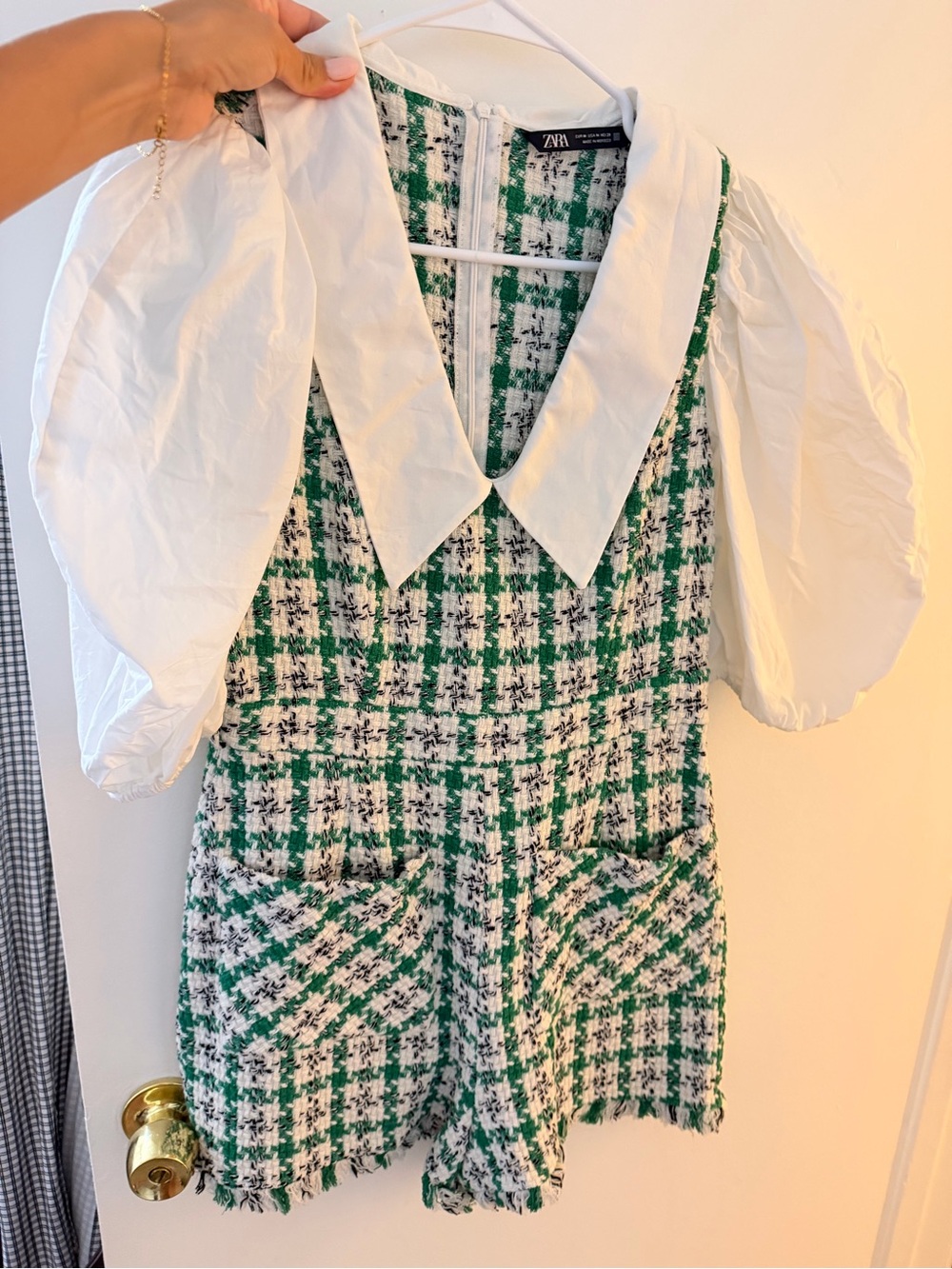Zara Green & White Tweed Puff-Sleeve Romper with Pointed Collar